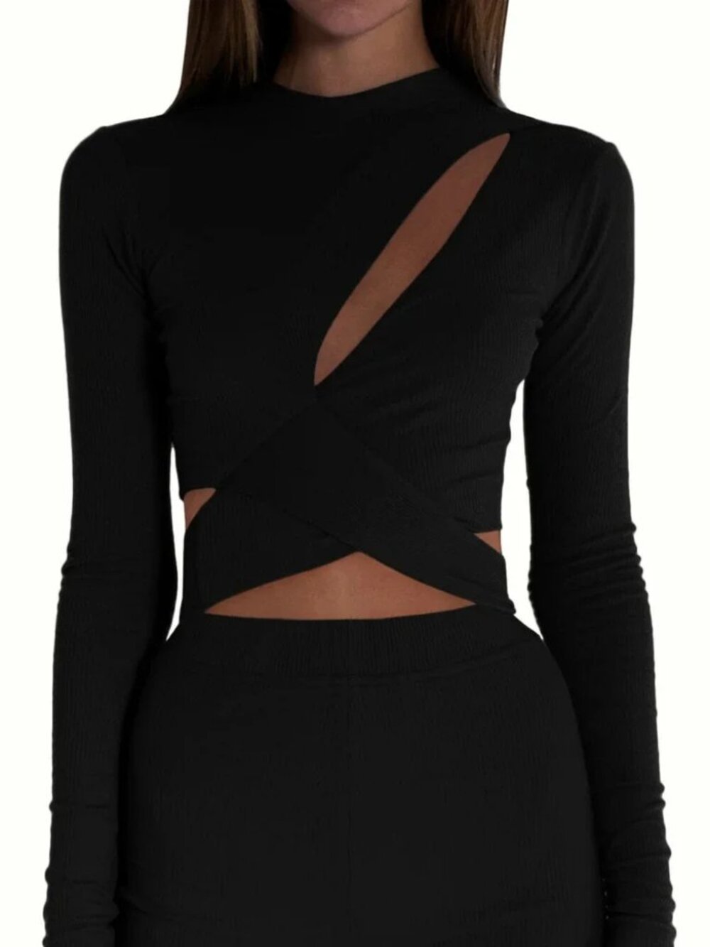 Lama Jouni Redefining Essentials (Item-307) Black Cut-Out Crop Wrap Ribbed Top M